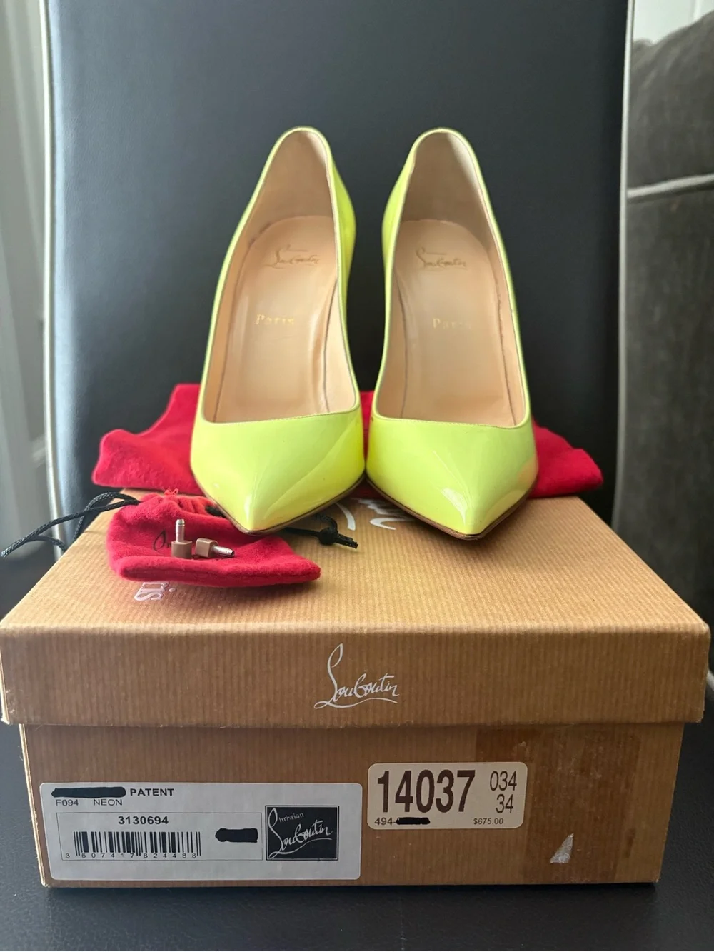 Christian Louboutin So Kate Neon Yellow Patent Pointed Toe Pumps 120mm